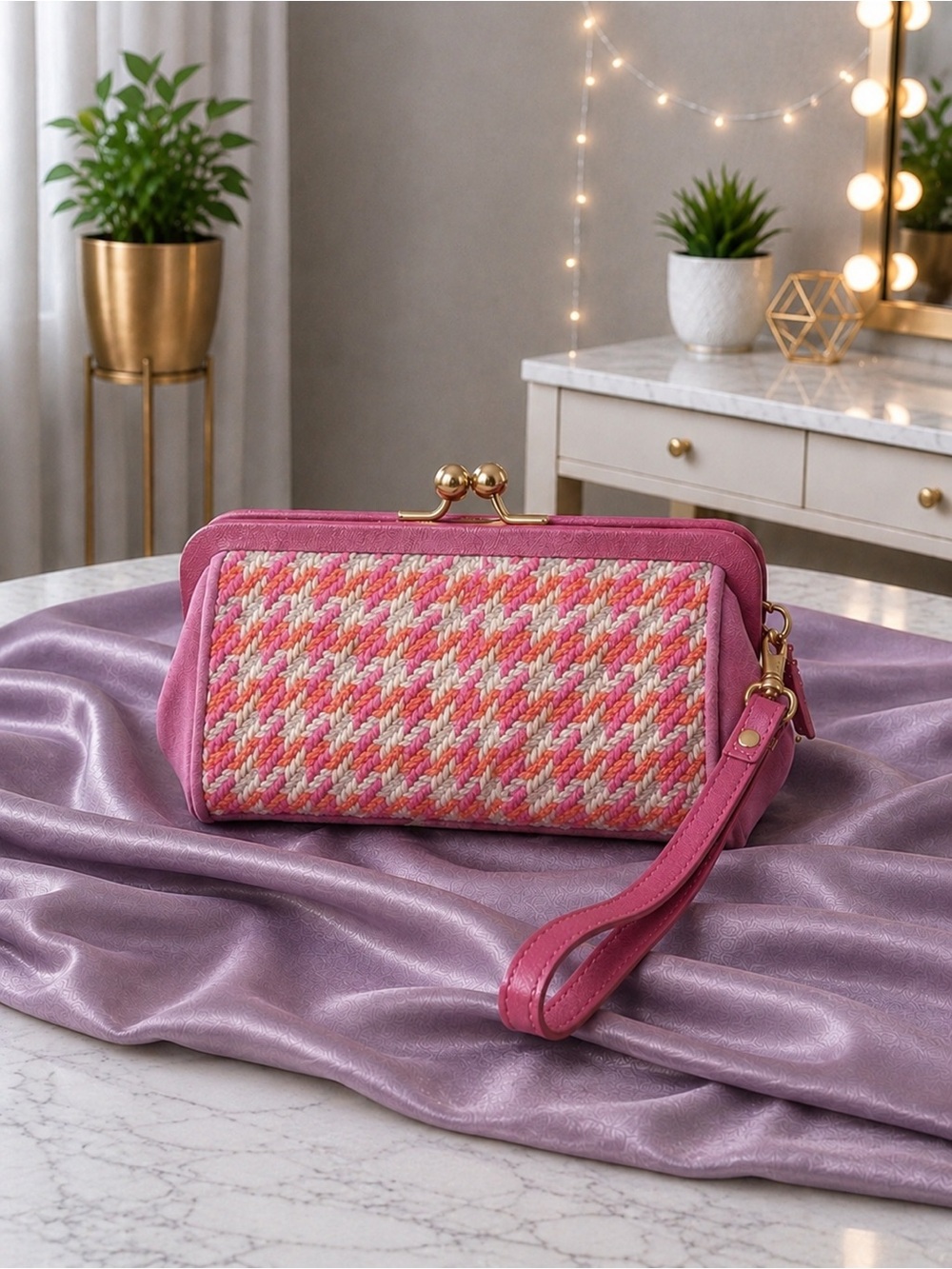 Coach Pink Tweed Kiss-Lock Wristlet Clutch